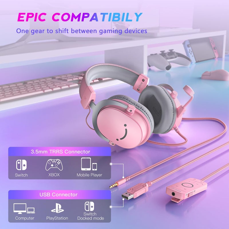 FIFINE USB Gaming Headset, PC Over-Ear Wired Streaming Headset with 3.5mm Jack, Detachable Microphone, 7.1 Surround Sound, Control Box, Passive Noise Cancellation, for PS5/Xbox/Switch-H9 Pink - Image 2